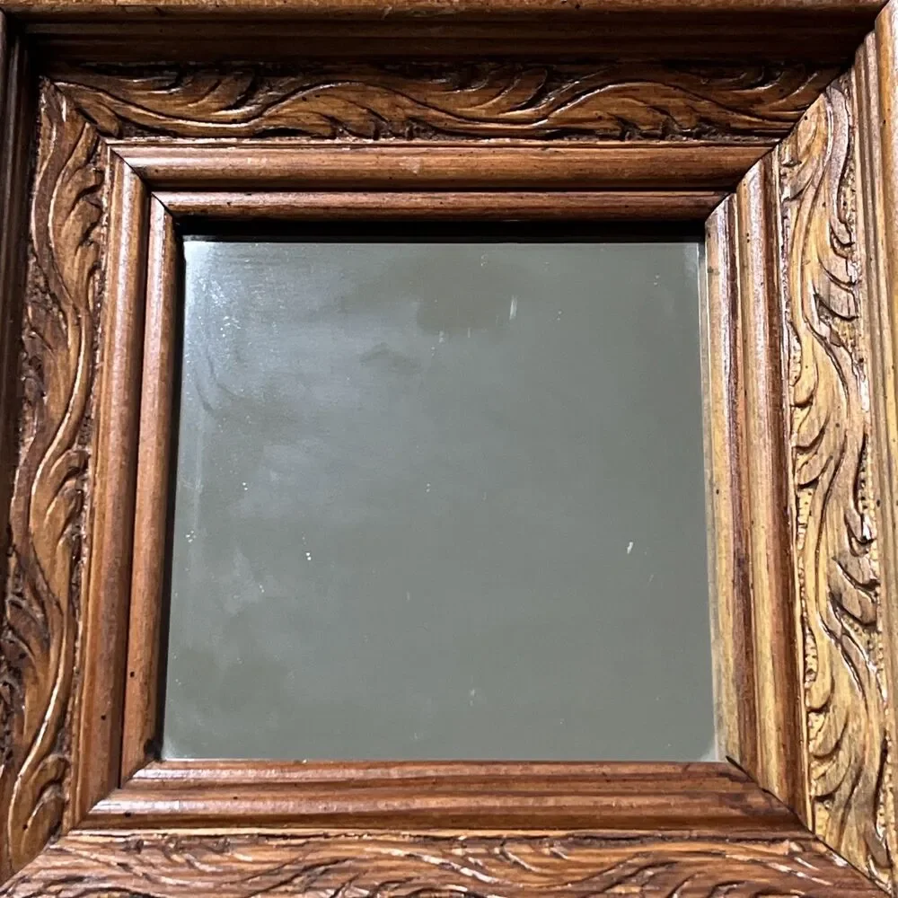 Vintage Rustic Carved Wood Square Accent Mirror Ornate 8.5 x 8.5